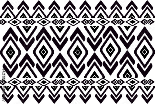 Black motif ethnic ikat seamless pattern. Print striped ornament floral. Fabric pattern for silk.