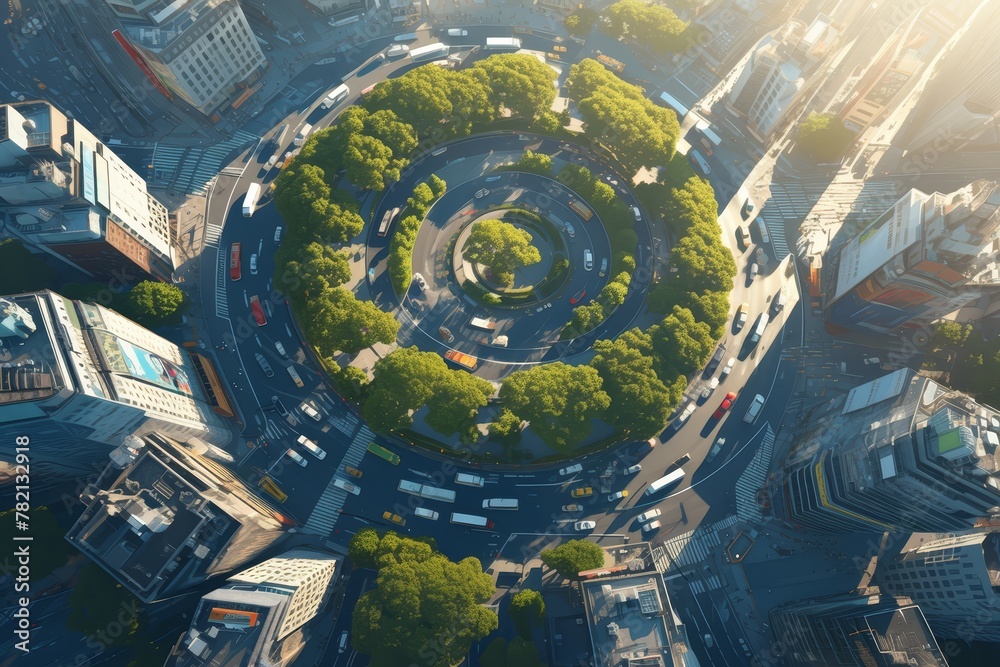 A bird's-eye view of the roundabout at dawn, with cars and trucks moving through the center in a circular pattern, surrounded by lush greenery