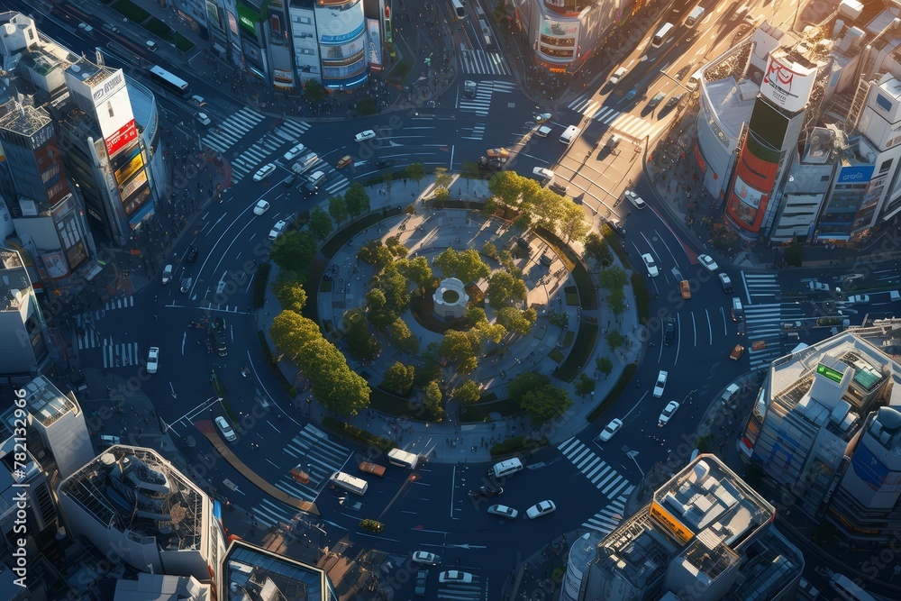 A bird's-eye view of the roundabout at sunset, with cars and greenery in the center, creating an enchanting scene of urban life. 