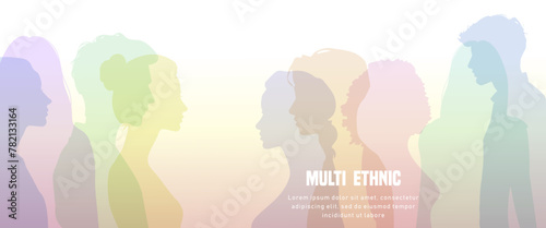 Silhouette of profile group of men and women of different culture. Diversity of multi-ethnic and multi-racial peoples.
