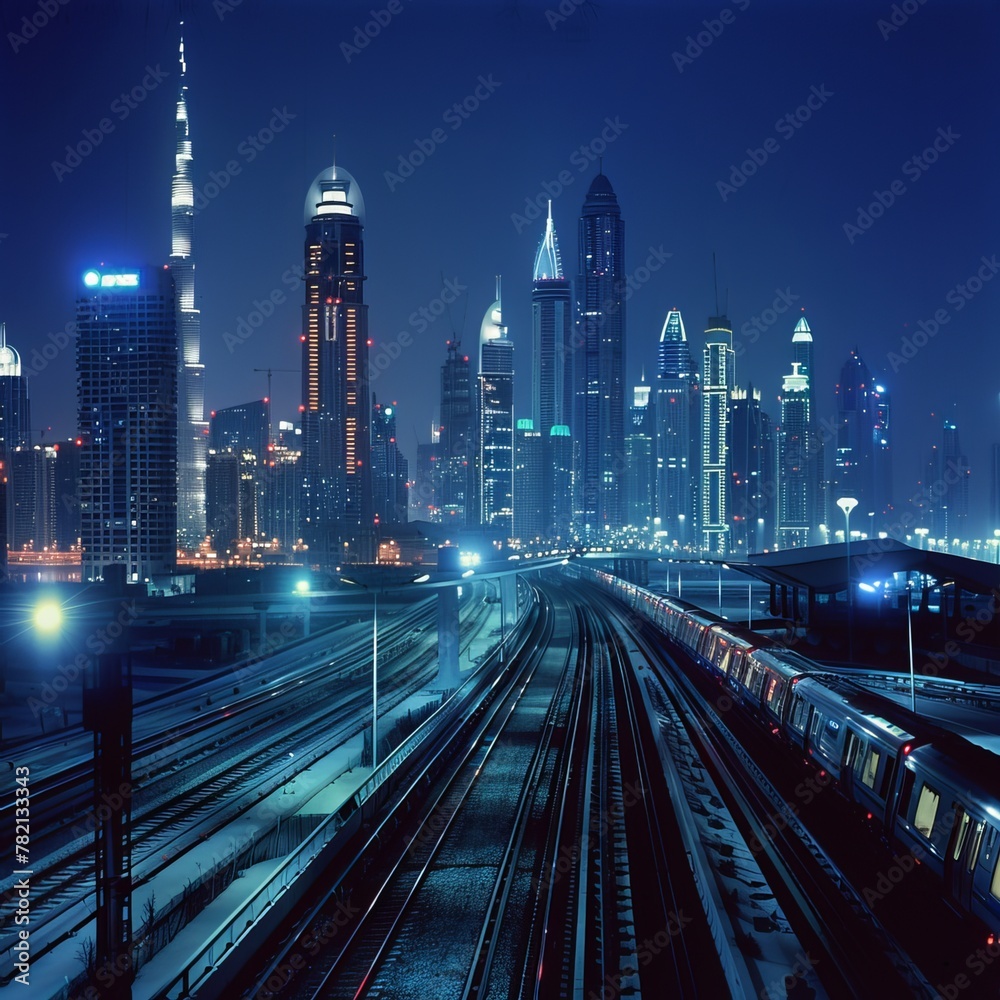 Dubai skyline and downtown area illuminated with lights, including the SZR lightrail. Dubai skyline and downtown area illuminated with lights, including the SZR lightrail.