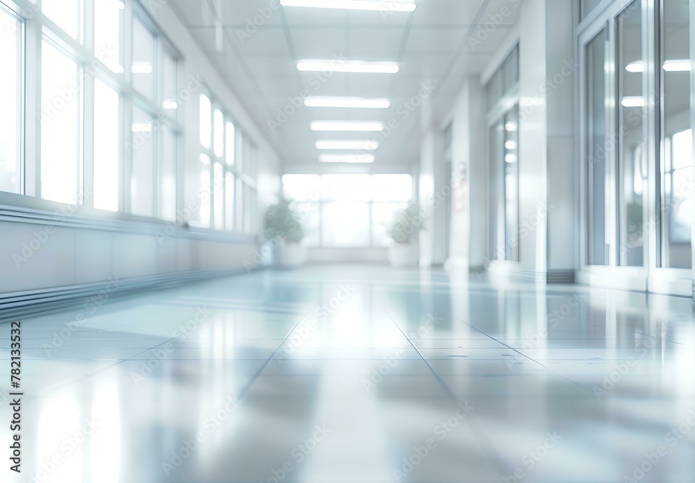 Blurred background of a hospital hall with a white floor and panoramic windows. Space for text. Background concept in the style of business, health care or medical design. Blurred background of a hospital hall with a white floor and panoramic windows. Space for text. Background concept in the style of business, health care or medical design.