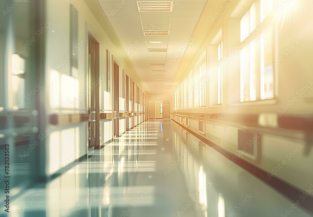 Blurred background of a hospital hall with a white floor and panoramic windows. Space for text. Background concept in the style of business, health care or medical design.