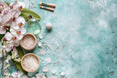 Spa setting with orchid flowers and body care and cosmetic tools on shabby chic turquoise background, top view, banner. Wellness concept