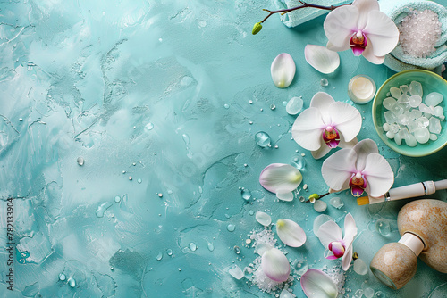 Spa setting with orchid flowers and body care and cosmetic tools on shabby chic turquoise background, top view, banner. Wellness concept