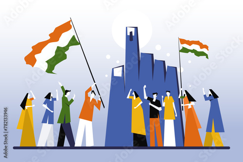 People holding Indian tricolour flag demonstrating in-front of a big hand showing electoral stain.Concept for election in India
