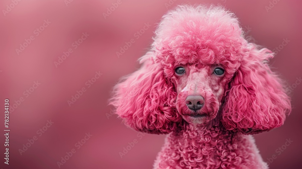 Pink Poodle Portrait: Adorable, fluffy poodle with a bow, sitting in a studio, cute and small Pink Poodle Portrait: Adorable, fluffy poodle with a bow, sitting in a studio, cute and small