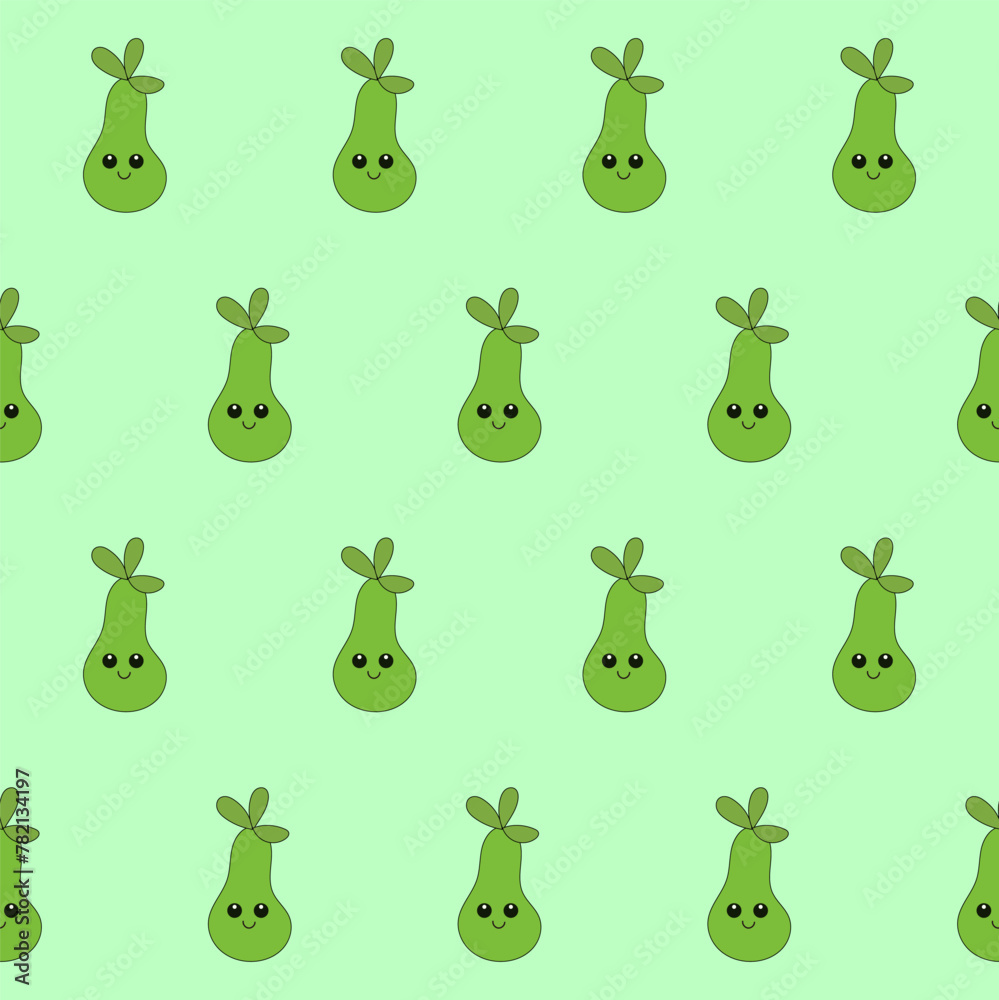 Funny Cute Pear Fruit  Seamless Pattern. Kawaii Bright  Cartoon Character Happy Birthday Wallpaper, Wrapping, Digital Paper Print. Kid Textile fabric Fashion Style. Bold Vivid Color Swatch