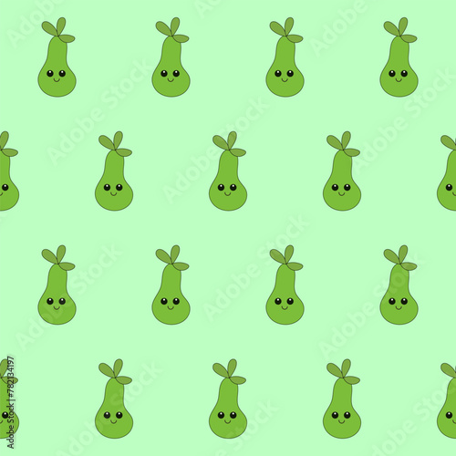 Funny Cute Pear Fruit Seamless Pattern. Kawaii Bright Cartoon Character Happy Birthday Wallpaper, Wrapping, Digital Paper Print. Kid Textile fabric Fashion Style. Bold Vivid Color Swatch