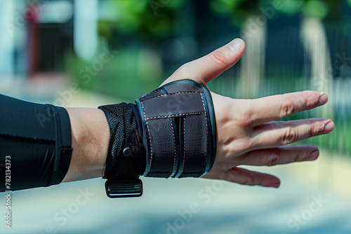 Human hand with a wrist brace, orthopaedic equipment photo