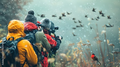 irdwatching excursion, Photograph birdwatchers observing and identifying bird species in their natural habitat, capturing the diversity and beauty of avian life photo