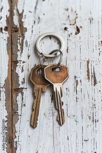 Real estate concept - Key ring and keys on white wooden background - Copy space photo