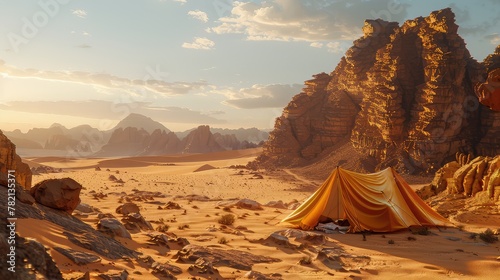 Desert camping, Document the stark beauty of desert landscapes, with campers setting up tents against dramatic sand dunes or rocky outcrops photo
