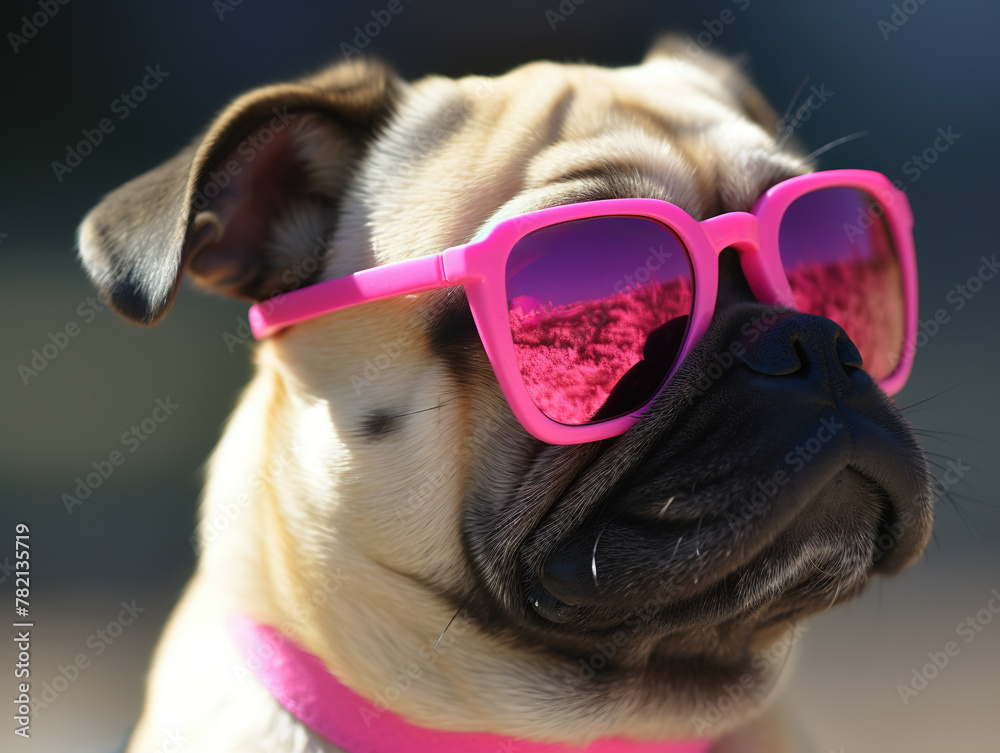 Cute Funny Dog Pug Breed In Pink Sunglasses