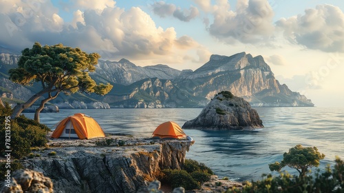 Coastal camping, Capture the allure of camping along rugged coastlines, with tents pitched on sandy beaches or cliffs overlooking the ocean