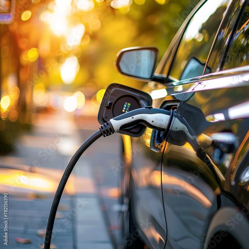 An electric vehicle (EV) or electric car is shown at a charging station with the power cable supply plugged in, against a blurred natural backdrop with soft lighting. © Elshad Karimov
