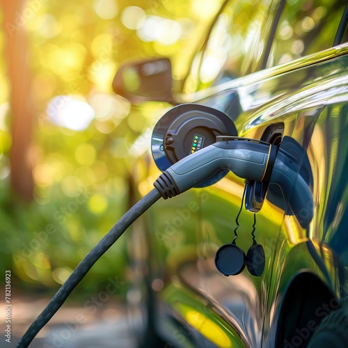 An electric vehicle (EV) or electric car is shown at a charging station with the power cable supply plugged in, against a blurred natural backdrop with soft lighting. 