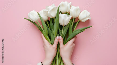 Woman hands holding bunch of beautiful white spring tulips on pale pink background