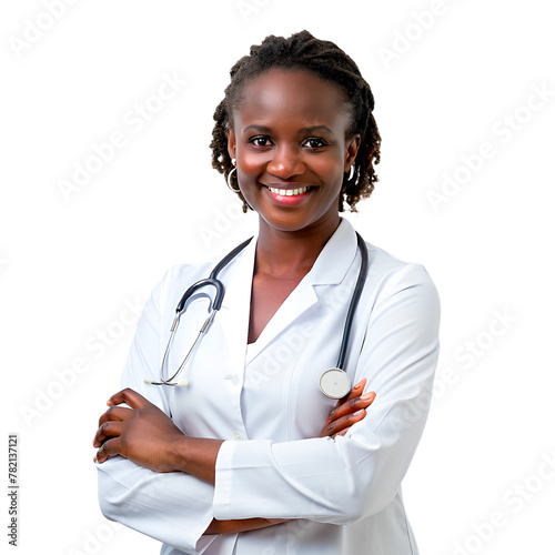 A such great smiling black woman doctor looking at the camera wearing a clinic uniform. Health care worker. Isolated on a transparent background
