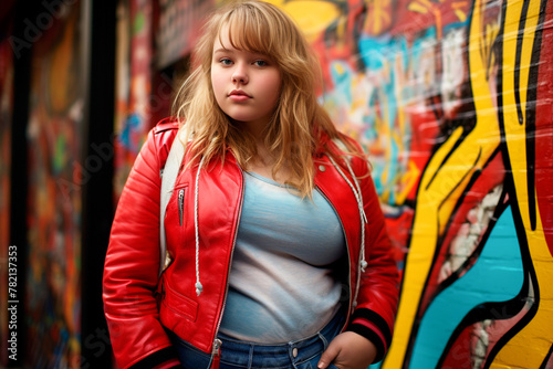 A fat cute girl in a red leather jacket stands against the background of a wall with graffiti, the problem of obesity and excess weight in children and adolescents