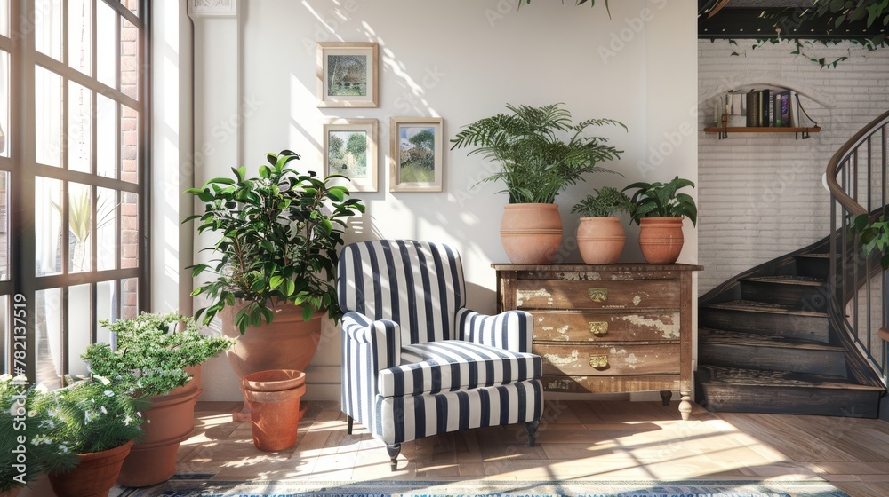 Spacious white brick sunlit room with diverse houseplants and cozy blue striped chair. Suitable for real estate, interior design.