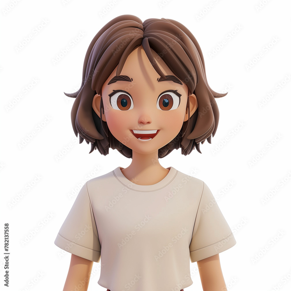 Simple teen character 3d render avatar, smiling short haired brunette girl in cream t-shirt. Androgynous style. Cute minimalistic Simple teen character 3d render avatar, smiling short haired brunette girl in cream t-shirt. Androgynous style. Cute minimalistic