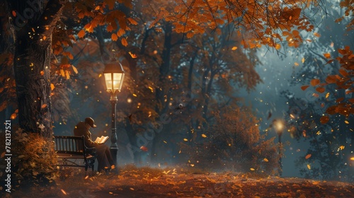 Person reading by lamp post in misty autumn park, serene and atmospheric. Ideal for literary and tranquil themes.