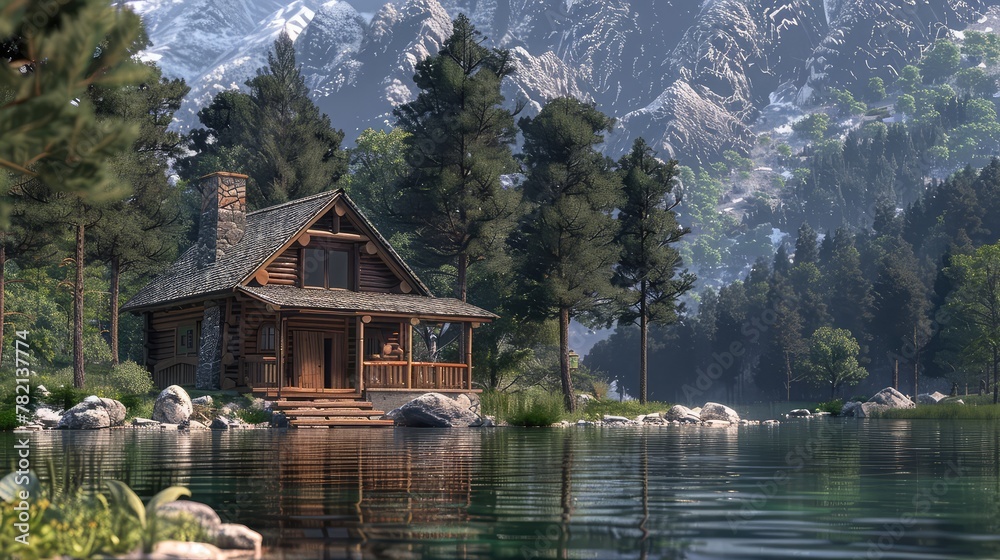 Fototapeta premium Remote cabin getaway, Capture the charm of remote cabins nestled in scenic wilderness settings, offering solitude and tranquility away from the hustle and bustle of city life