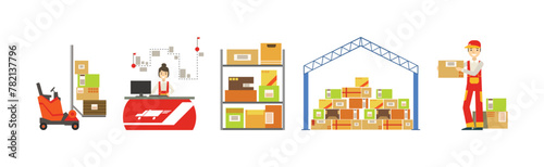Warehouse and Logistics with Parcel and Cardboard Box Shipment and Storage Vector Set