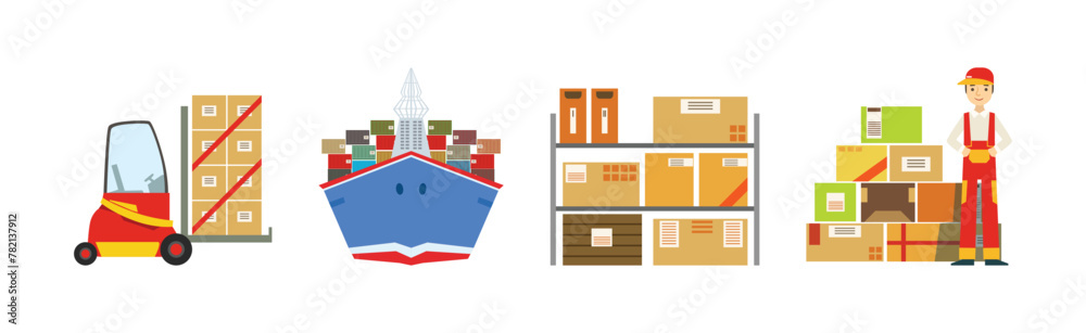 Warehouse and Logistics with Parcel and Cardboard Box Shipment and Storage Vector Set