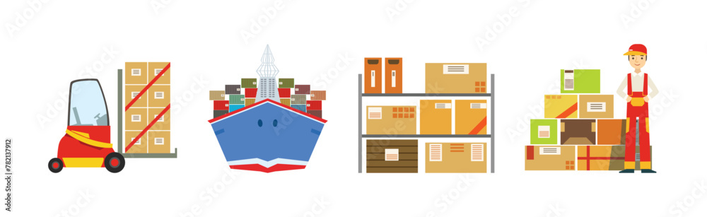 Obraz premium Warehouse and Logistics with Parcel and Cardboard Box Shipment and Storage Vector Set