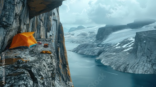 Extreme camping, Photograph adventurers engaging in extreme camping activities like cliff camping, ice camping, or desert camping photo