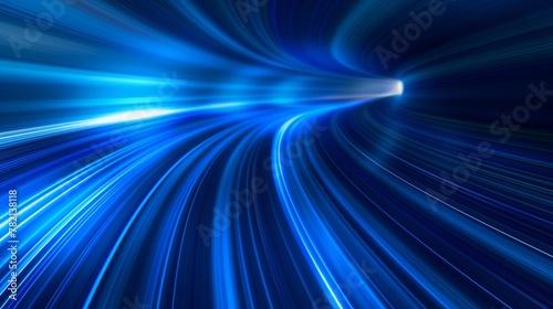 Digital image of light rays, stripes lines with blue light, speed and motion blur over dark blue background.Crossing Time and Space Tunnel