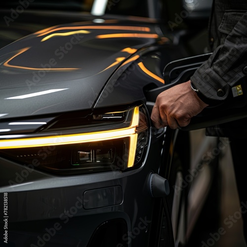 The driver of the electric car is shown inserting the electrical connector to charge the batteries. © Elshad Karimov