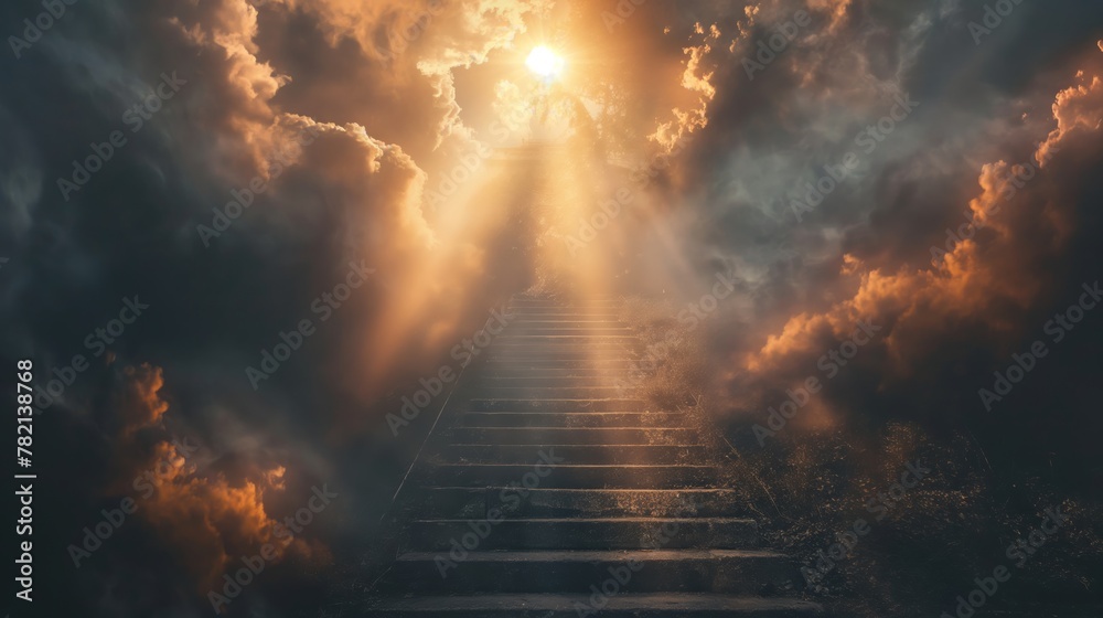 Stairway Leading Up To Heavenly Sky Toward The Light.The endless ladder leads to the sacred heaven
