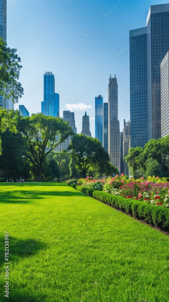Fototapeta premium A bustling city park with lush green lawns, towering trees, and vibrant flower beds, against a backdrop of clear blue skies and distant skyscrapers