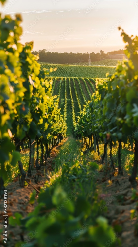 vineyard with rows of lush grapevines stretching towards the horizon, bathed in golden sunlight under a clear summer sky