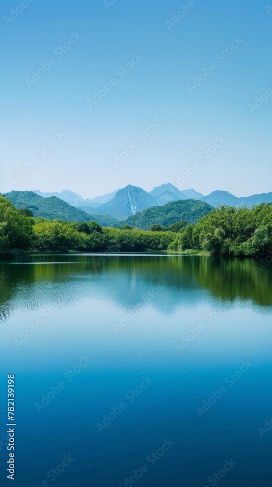 lakeside retreat with calm waters, forested shores, and a distant mountain backdrop, under a clear summer sky,
