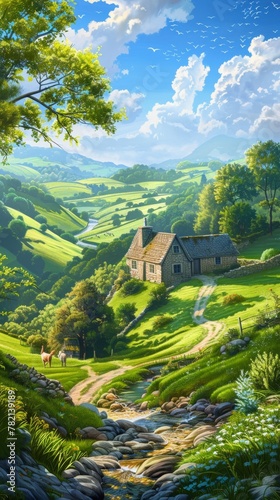 countryside scene with rolling hills, meandering streams, and quaint cottages nestled among greenery, under a clear sunny sky