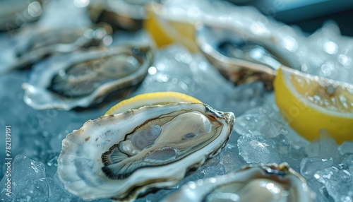 Oyster Bar Delights, Showcase the elegance and sophistication of an oyster bar with images of freshly shucked oysters served on ice, accompanied by lemon wedges and mignonette sauce photo