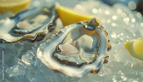 Oyster Bar Delights, Showcase the elegance and sophistication of an oyster bar with images of freshly shucked oysters served on ice, accompanied by lemon wedges and mignonette sauce photo