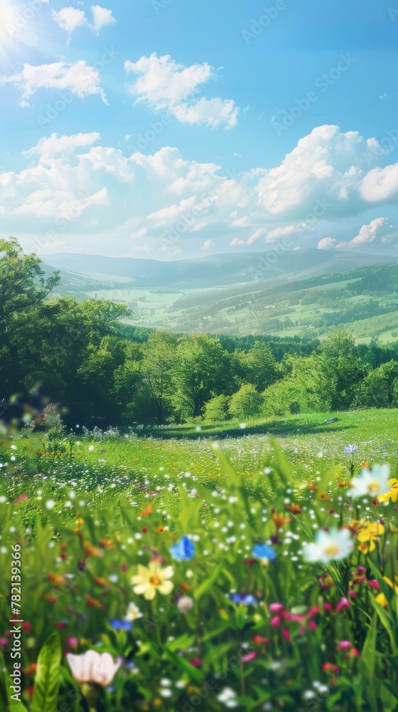 idyllic countryside landscape featuring rolling hills covered in lush greenery and colorful wildflowers, under a clear sunny sky