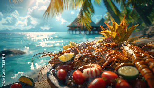Tropical Island Seafood Feast, Transport viewers to a tropical paradise with images of seafood feasts featuring grilled fish, coconut shrimp, and seafood paella