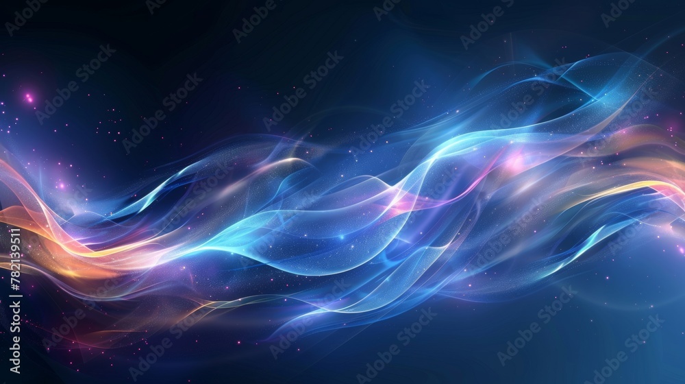 Abstract digital waves in shades of blue with a cosmic, star-like background.