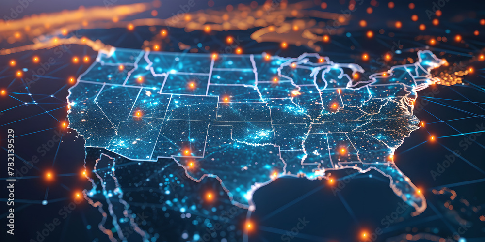 usa map and point illuminating in digital network light , United States 