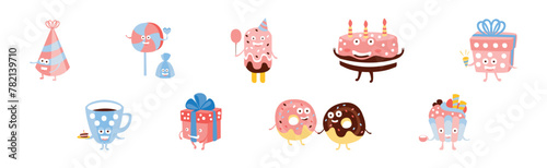 Funny Happy Birthday Character with Pretty Face Vector Set