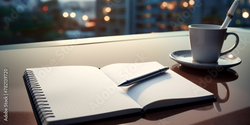 cup of coffee, A image of a clean and organized workspace with a notebook and pen placed on a desk, ready for writing or brainstorming