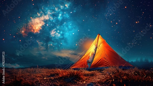 Camping under the stars, Capture a stunning image of a tent pitched under a clear night sky filled with stars photo