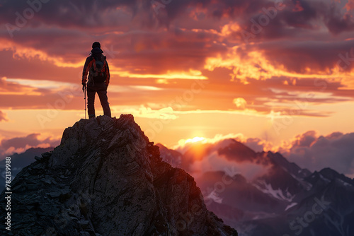  hiker watching the sunrise from the peak of a mountain