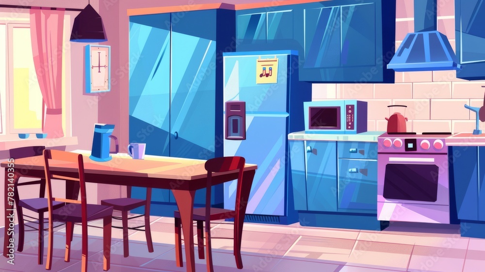 Home cooking room with wooden dining table, blue kitchen cabinets, fridge with magnet and reminder, oven, microwave, hob and extractor hood. Home cooking room with wooden dining table, blue kitchen cabinets, fridge with magnet and reminder, oven, microwave, hob and extractor hood.